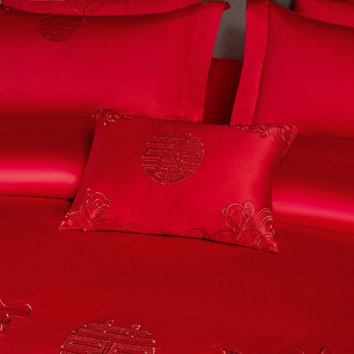 91家纺网 家纺一手货源 找家纺 润锦云 2026新款150克高克重中式婚庆款高支高密重工刺绣四件套 祥龙喜凤--红