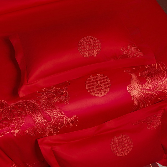 91家纺网 家纺一手货源 找家纺 润锦云 2026新款150克高克重中式婚庆款高支高密重工刺绣四件套 祥龙喜凤--红