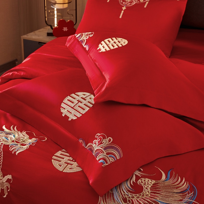 91家纺网 家纺一手货源 找家纺 润锦云 2026新款150克高克重中式婚庆款高支高密重工刺绣四件套 祥龙喜凤--金