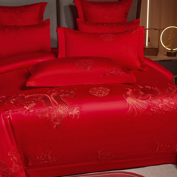 91家纺网 家纺一手货源 找家纺 润锦云 2026新款150克高克重中式婚庆款高支高密重工刺绣四件套 祥龙喜凤--红
