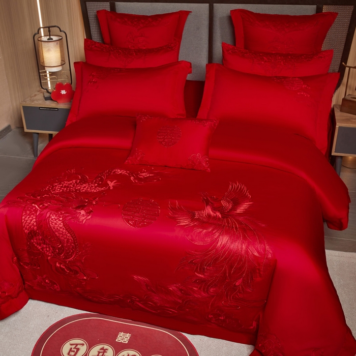 91家纺网 家纺一手货源 找家纺 润锦云 2026新款150克高克重中式婚庆款高支高密重工刺绣四件套 金龙玉凤-- 红