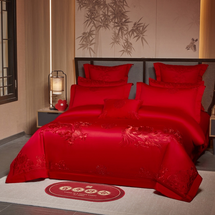 91家纺网 家纺一手货源 找家纺 润锦云 2026新款150克高克重中式婚庆款高支高密重工刺绣四件套 祥龙喜凤--红