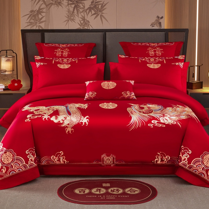 润锦云 2026新款150克高克重中式婚庆款高支高密重工刺绣四件套 祥龙喜凤--金