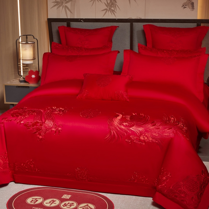 91家纺网 家纺一手货源 找家纺 润锦云 2026新款150克高克重中式婚庆款高支高密重工刺绣四件套 祥龙喜凤--红