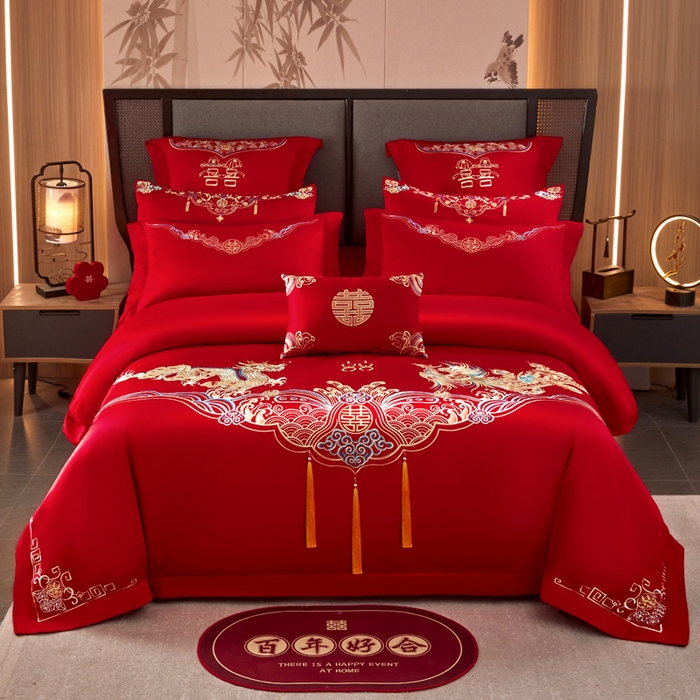 润锦云 2026新款150克高克重中式婚庆款高支高密重工刺绣四件套 龙凤情缘--金色