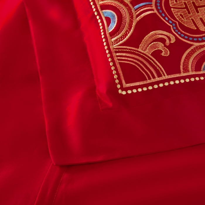 91家纺网 家纺一手货源 找家纺 润锦云 2026新款150克高克重中式婚庆款高支高密重工刺绣四件套 祥龙喜凤--金