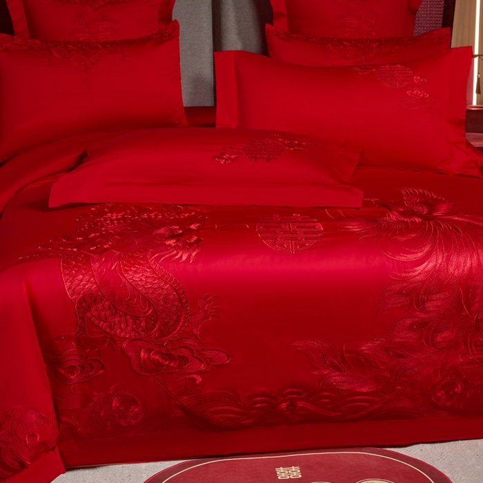91家纺网 家纺一手货源 找家纺 润锦云 2026新款150克高克重中式婚庆款高支高密重工刺绣四件套 金龙玉凤-- 红