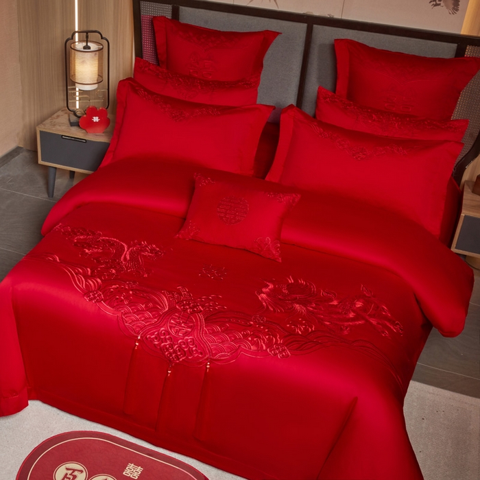 91家纺网 家纺一手货源 找家纺 润锦云 2026新款150克高克重中式婚庆款高支高密重工刺绣四件套 龙凤情缘--红色