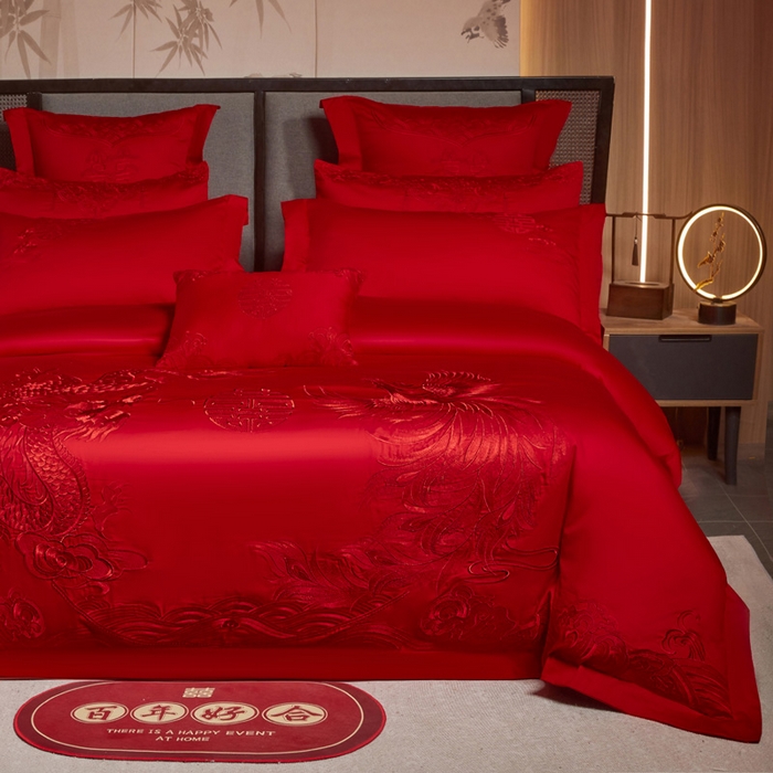 91家纺网 家纺一手货源 找家纺 润锦云 2026新款150克高克重中式婚庆款高支高密重工刺绣四件套 金龙玉凤-- 红