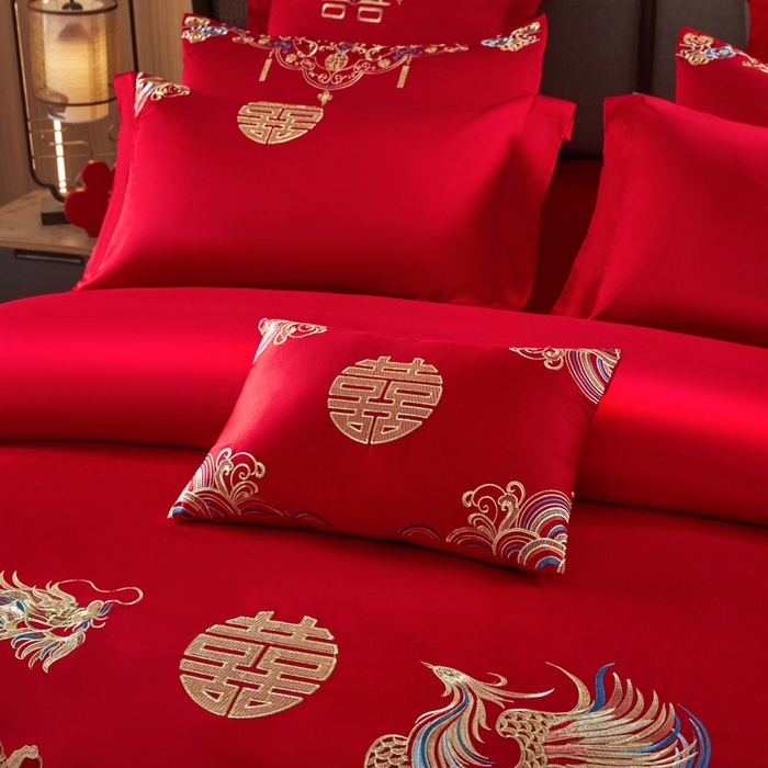 91家纺网 家纺一手货源 找家纺 润锦云 2026新款150克高克重中式婚庆款高支高密重工刺绣四件套 祥龙喜凤--金