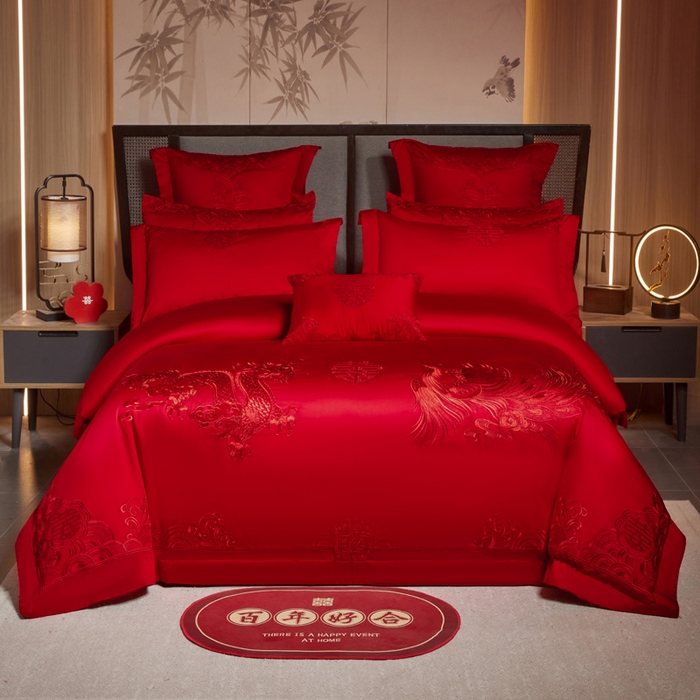 91家纺网 家纺一手货源 找家纺 润锦云 2026新款150克高克重中式婚庆款高支高密重工刺绣四件套 祥龙喜凤--红