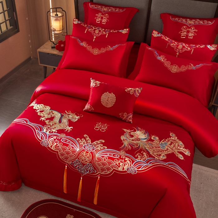 91家纺网 家纺一手货源 找家纺 润锦云 2026新款150克高克重中式婚庆款高支高密重工刺绣四件套 龙凤情缘--金色