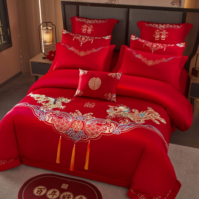 91家纺网 家纺一手货源 找家纺 润锦云 2026新款150克高克重中式婚庆款高支高密重工刺绣四件套 龙凤情缘--金色