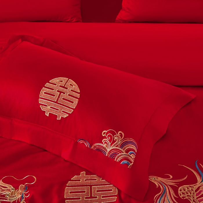 91家纺网 家纺一手货源 找家纺 润锦云 2026新款150克高克重中式婚庆款高支高密重工刺绣四件套 祥龙喜凤--金