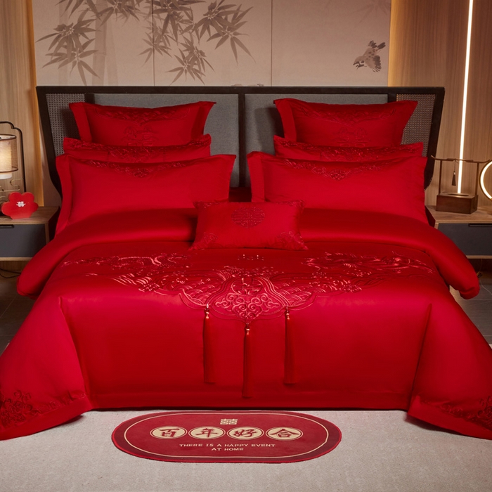 91家纺网 家纺一手货源 找家纺 润锦云 2026新款150克高克重中式婚庆款高支高密重工刺绣四件套 龙凤情缘--红色