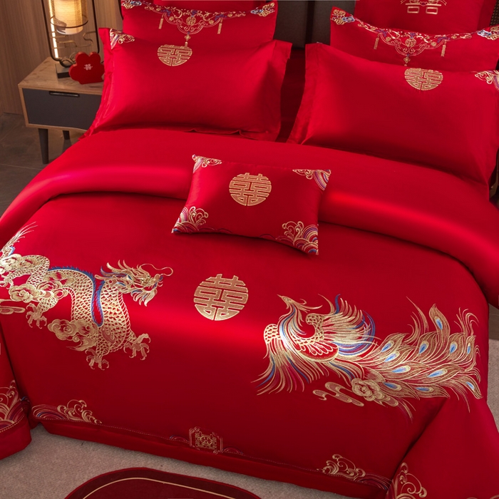 91家纺网 家纺一手货源 找家纺 润锦云 2026新款150克高克重中式婚庆款高支高密重工刺绣四件套 祥龙喜凤--金