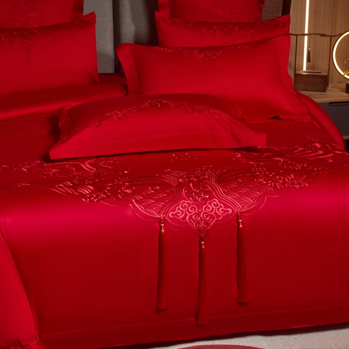 91家纺网 家纺一手货源 找家纺 润锦云 2026新款150克高克重中式婚庆款高支高密重工刺绣四件套 龙凤情缘--红色