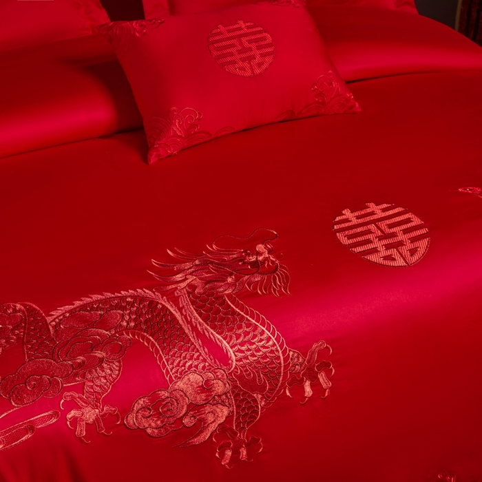 91家纺网 家纺一手货源 找家纺 润锦云 2026新款150克高克重中式婚庆款高支高密重工刺绣四件套 祥龙喜凤--红