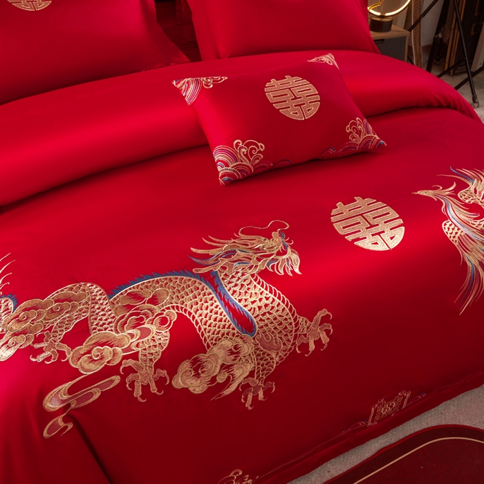 91家纺网 家纺一手货源 找家纺 润锦云 2026新款150克高克重中式婚庆款高支高密重工刺绣四件套 祥龙喜凤--金