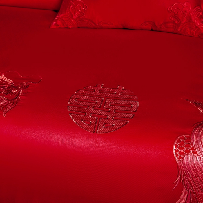 91家纺网 家纺一手货源 找家纺 润锦云 2026新款150克高克重中式婚庆款高支高密重工刺绣四件套 祥龙喜凤--红