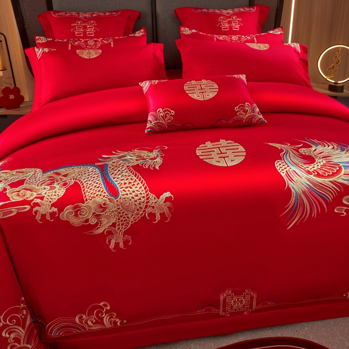 91家纺网 家纺一手货源 找家纺 润锦云 2026新款150克高克重中式婚庆款高支高密重工刺绣四件套 祥龙喜凤--金