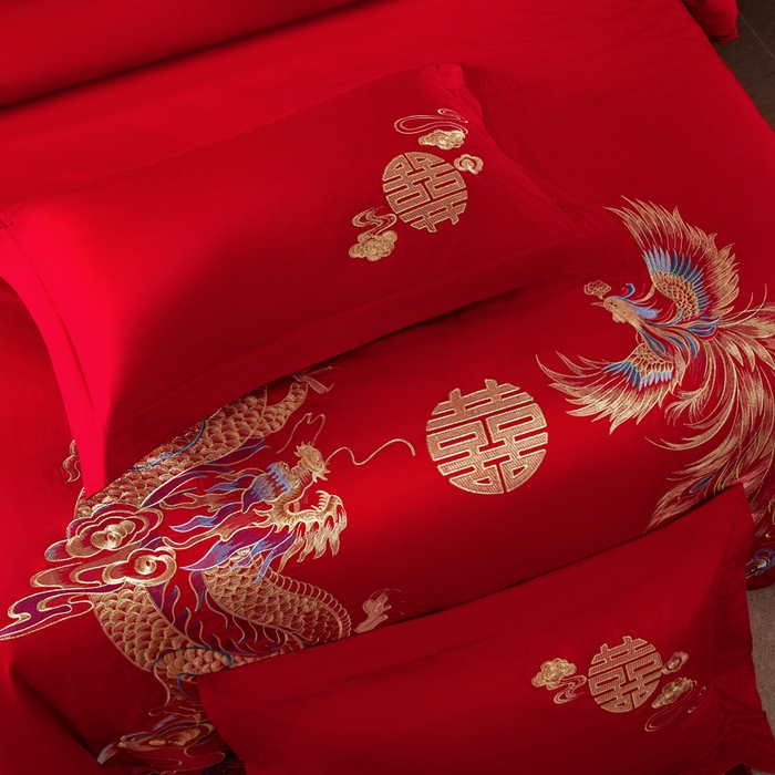 91家纺网 家纺一手货源 找家纺 润锦云 2026新款150克高克重中式婚庆款高支高密重工刺绣四件套 金龙玉凤-- 金