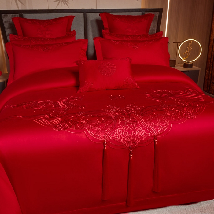 91家纺网 家纺一手货源 找家纺 润锦云 2026新款150克高克重中式婚庆款高支高密重工刺绣四件套 龙凤情缘--红色