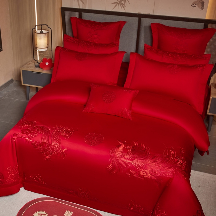 91家纺网 家纺一手货源 找家纺 润锦云 2026新款150克高克重中式婚庆款高支高密重工刺绣四件套 祥龙喜凤--红