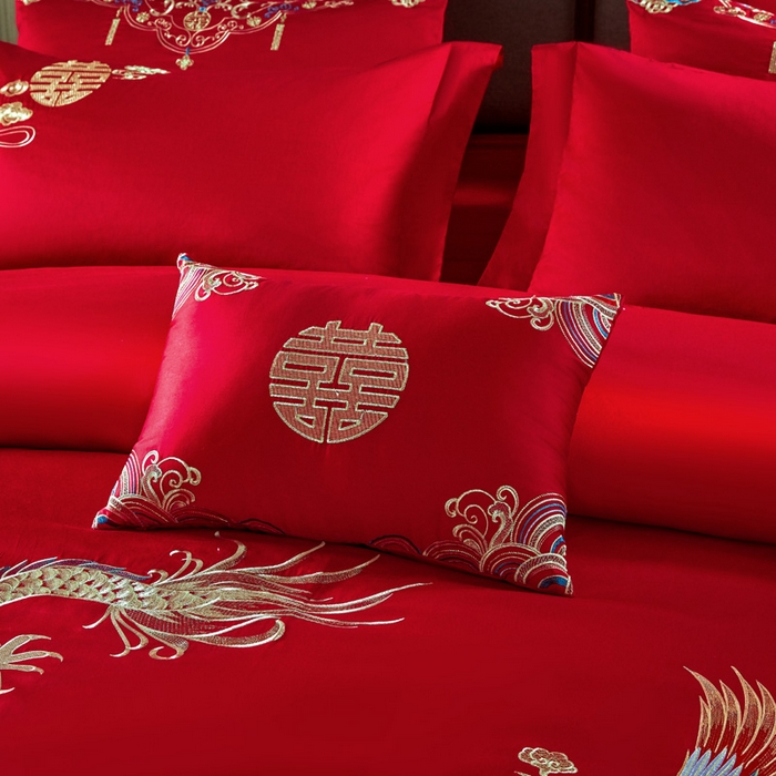 91家纺网 家纺一手货源 找家纺 润锦云 2026新款150克高克重中式婚庆款高支高密重工刺绣四件套 金龙玉凤-- 金