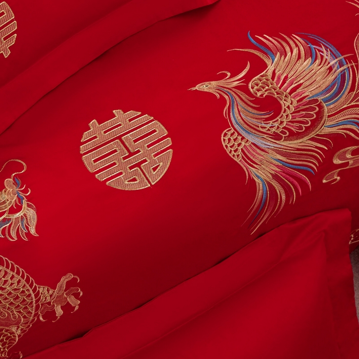 91家纺网 家纺一手货源 找家纺 润锦云 2026新款150克高克重中式婚庆款高支高密重工刺绣四件套 祥龙喜凤--金