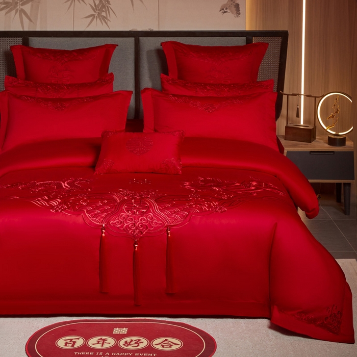 91家纺网 家纺一手货源 找家纺 润锦云 2026新款150克高克重中式婚庆款高支高密重工刺绣四件套 龙凤情缘--红色