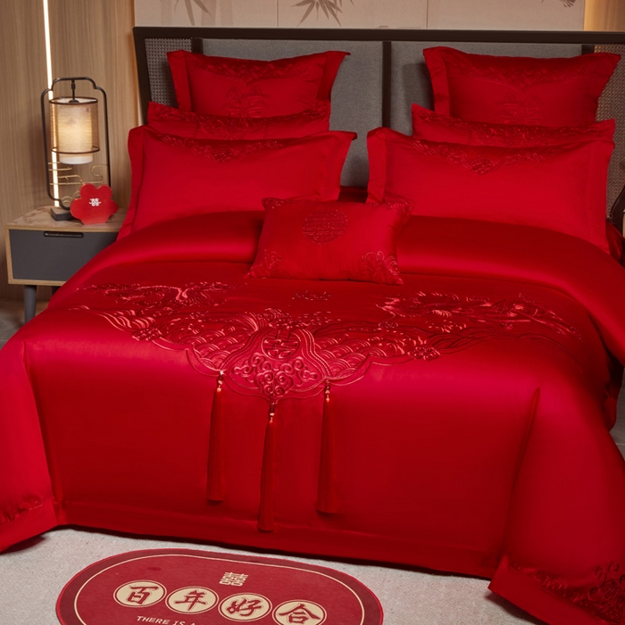 91家纺网 家纺一手货源 找家纺 润锦云 2026新款150克高克重中式婚庆款高支高密重工刺绣四件套 龙凤情缘--红色