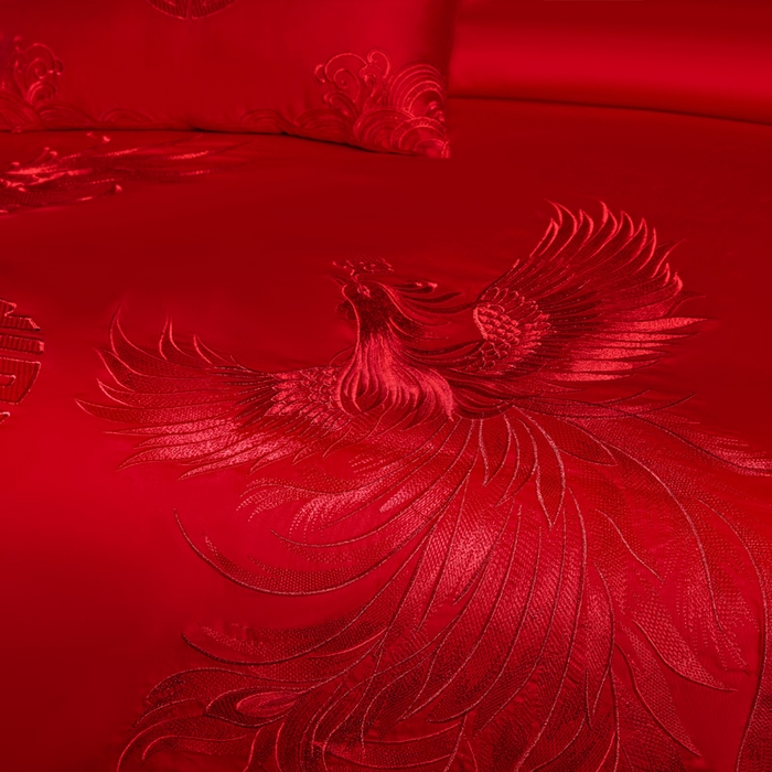 91家纺网 家纺一手货源 找家纺 润锦云 2026新款150克高克重中式婚庆款高支高密重工刺绣四件套 金龙玉凤-- 红