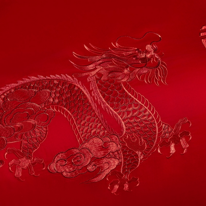 91家纺网 家纺一手货源 找家纺 润锦云 2026新款150克高克重中式婚庆款高支高密重工刺绣四件套 祥龙喜凤--红