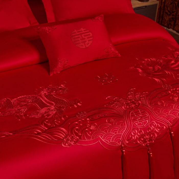 91家纺网 家纺一手货源 找家纺 润锦云 2026新款150克高克重中式婚庆款高支高密重工刺绣四件套 龙凤情缘--红色