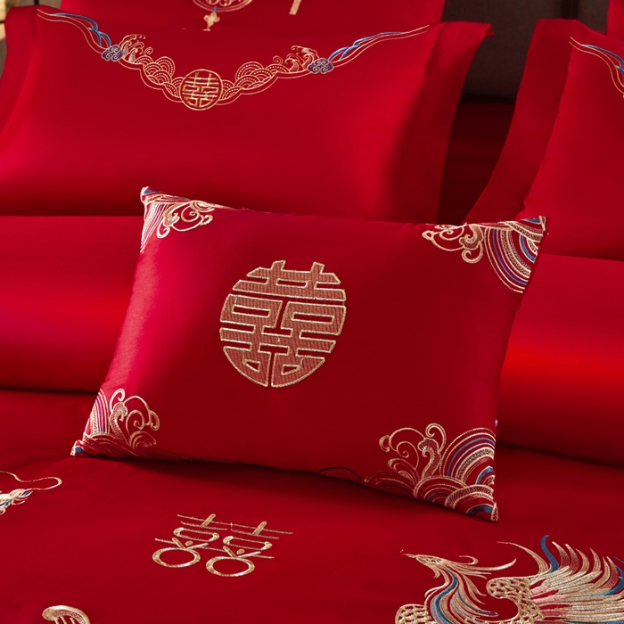 91家纺网 家纺一手货源 找家纺 润锦云 2026新款150克高克重中式婚庆款高支高密重工刺绣四件套 龙凤情缘--金色