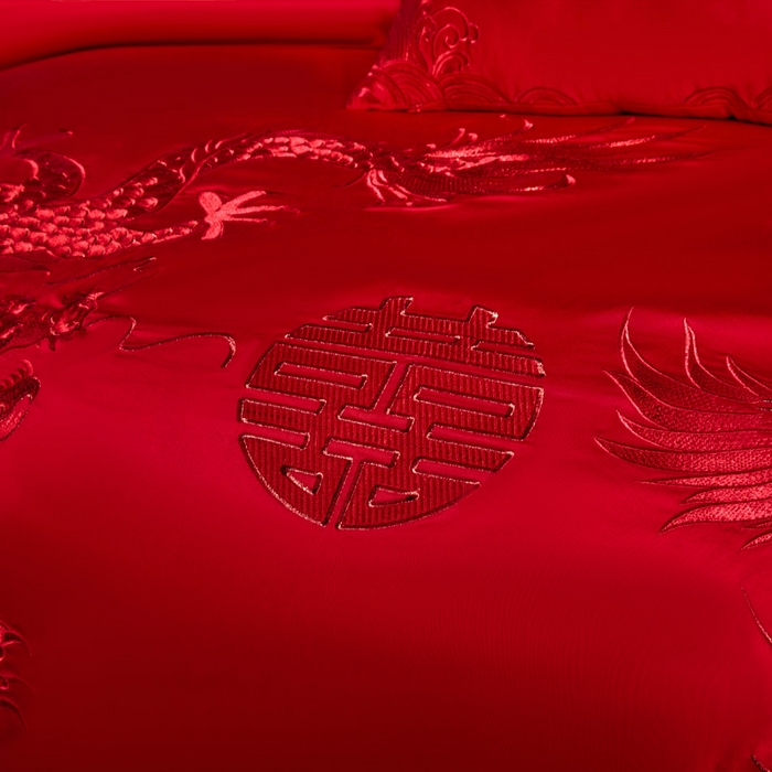 91家纺网 家纺一手货源 找家纺 润锦云 2026新款150克高克重中式婚庆款高支高密重工刺绣四件套 金龙玉凤-- 红