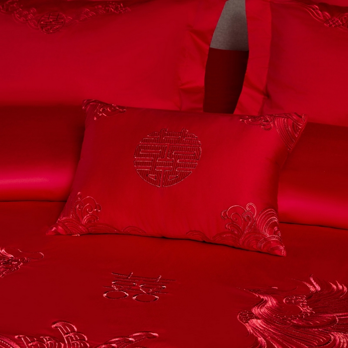 91家纺网 家纺一手货源 找家纺 润锦云 2026新款150克高克重中式婚庆款高支高密重工刺绣四件套 龙凤情缘--红色