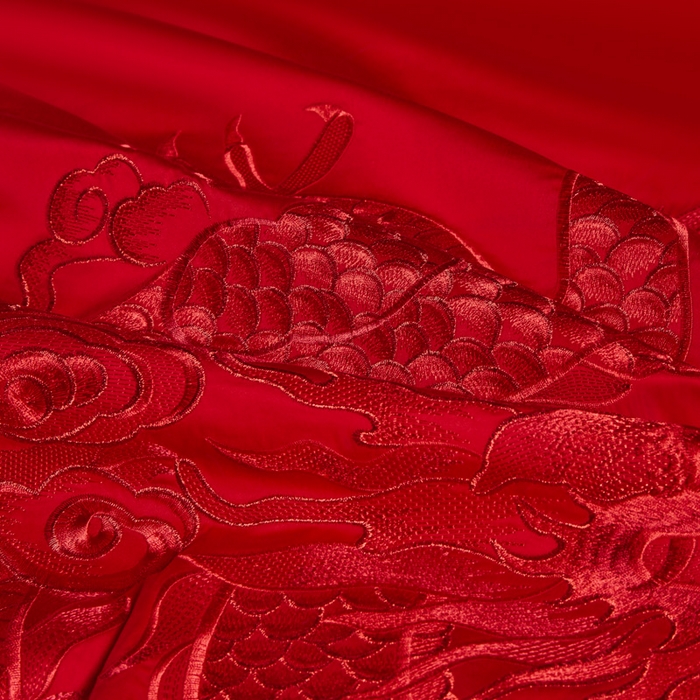 91家纺网 家纺一手货源 找家纺 润锦云 2026新款150克高克重中式婚庆款高支高密重工刺绣四件套 金龙玉凤-- 红