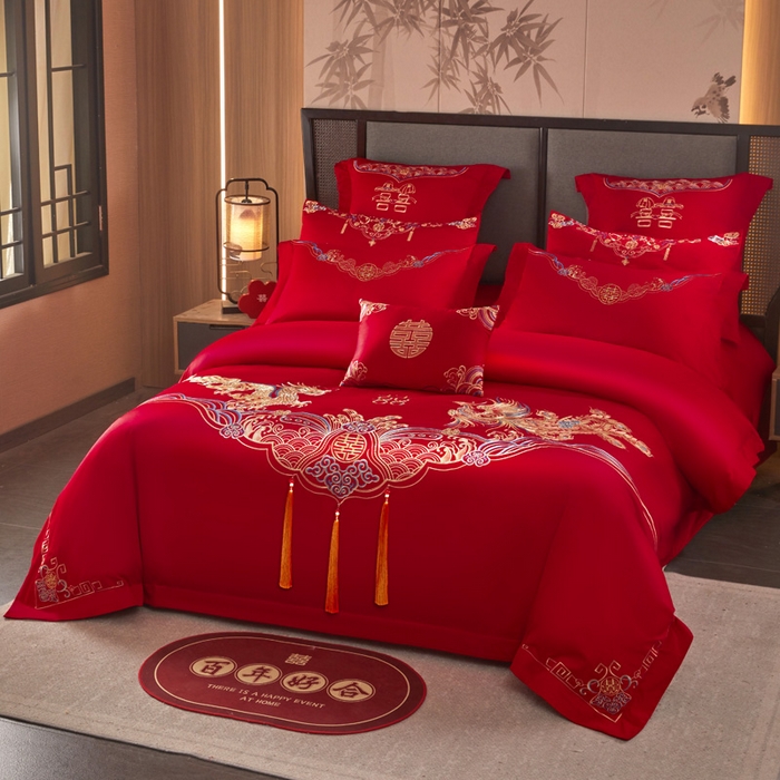 91家纺网 家纺一手货源 找家纺 润锦云 2026新款150克高克重中式婚庆款高支高密重工刺绣四件套 龙凤情缘--金色