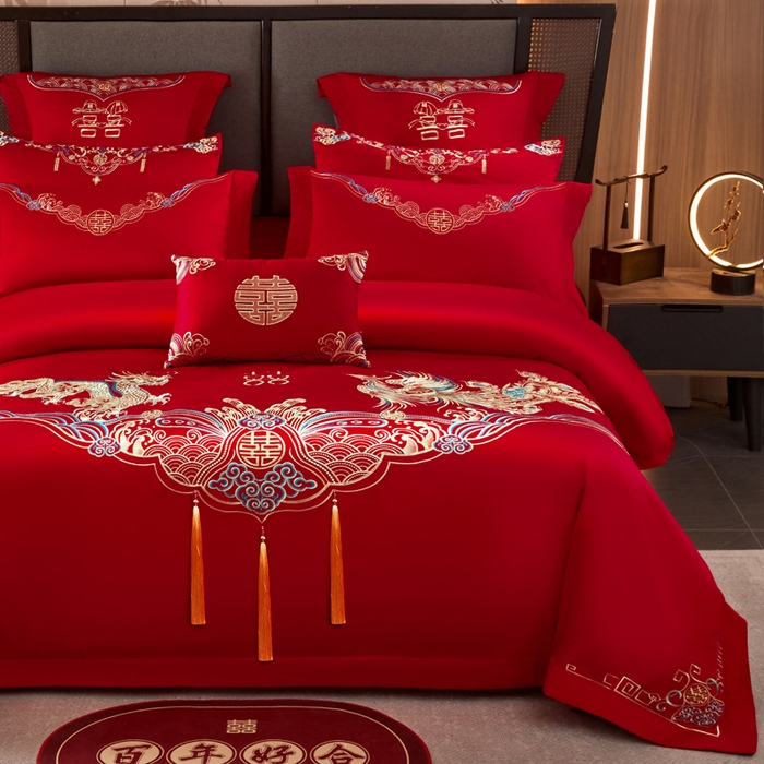 91家纺网 家纺一手货源 找家纺 润锦云 2026新款150克高克重中式婚庆款高支高密重工刺绣四件套 龙凤情缘--金色