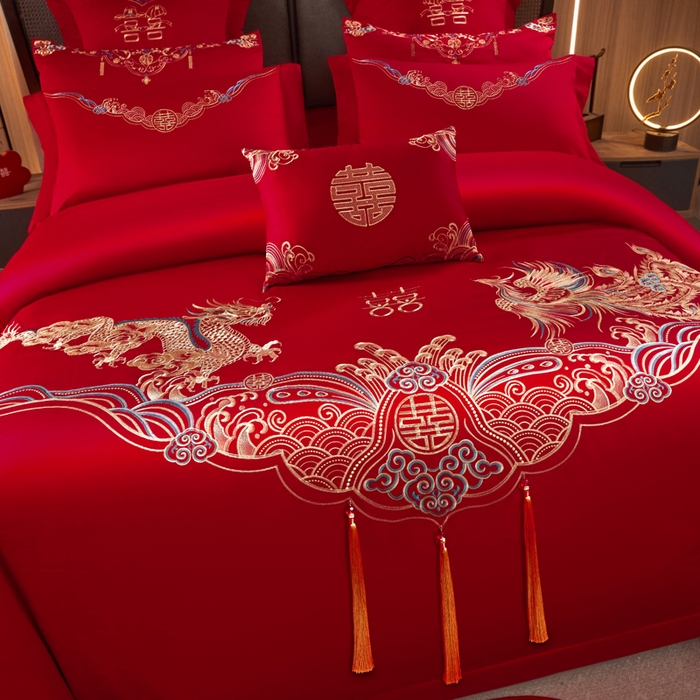 91家纺网 家纺一手货源 找家纺 润锦云 2026新款150克高克重中式婚庆款高支高密重工刺绣四件套 龙凤情缘--金色