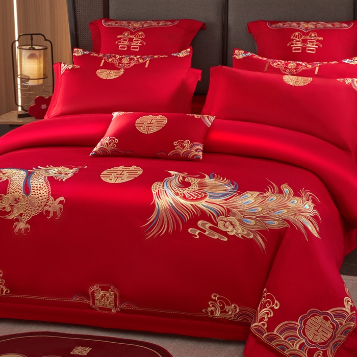 91家纺网 家纺一手货源 找家纺 润锦云 2026新款150克高克重中式婚庆款高支高密重工刺绣四件套 祥龙喜凤--金