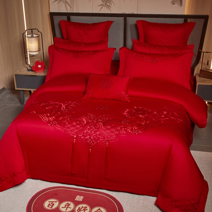 91家纺网 家纺一手货源 找家纺 润锦云 2026新款150克高克重中式婚庆款高支高密重工刺绣四件套 龙凤情缘--红色