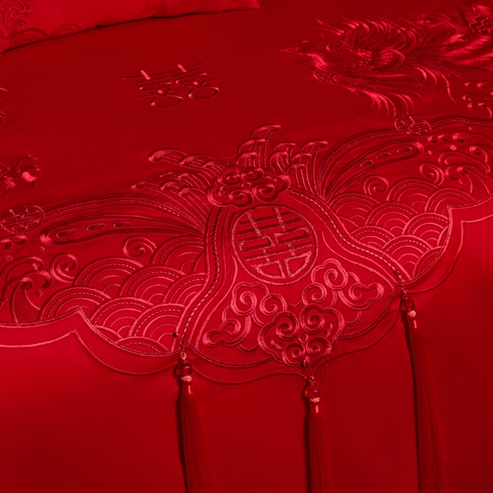 91家纺网 家纺一手货源 找家纺 润锦云 2026新款150克高克重中式婚庆款高支高密重工刺绣四件套 龙凤情缘--红色