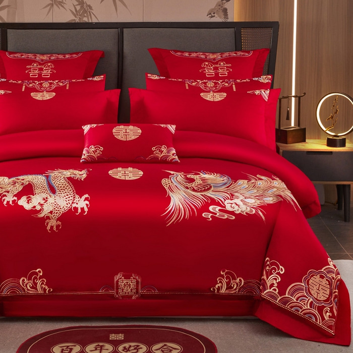 91家纺网 家纺一手货源 找家纺 润锦云 2026新款150克高克重中式婚庆款高支高密重工刺绣四件套 祥龙喜凤--金