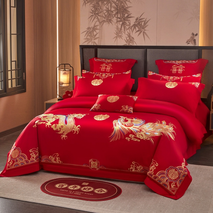 91家纺网 家纺一手货源 找家纺 润锦云 2026新款150克高克重中式婚庆款高支高密重工刺绣四件套 祥龙喜凤--金