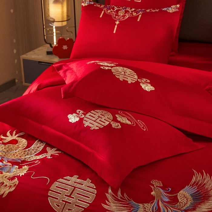 91家纺网 家纺一手货源 找家纺 润锦云 2026新款150克高克重中式婚庆款高支高密重工刺绣四件套 金龙玉凤-- 金