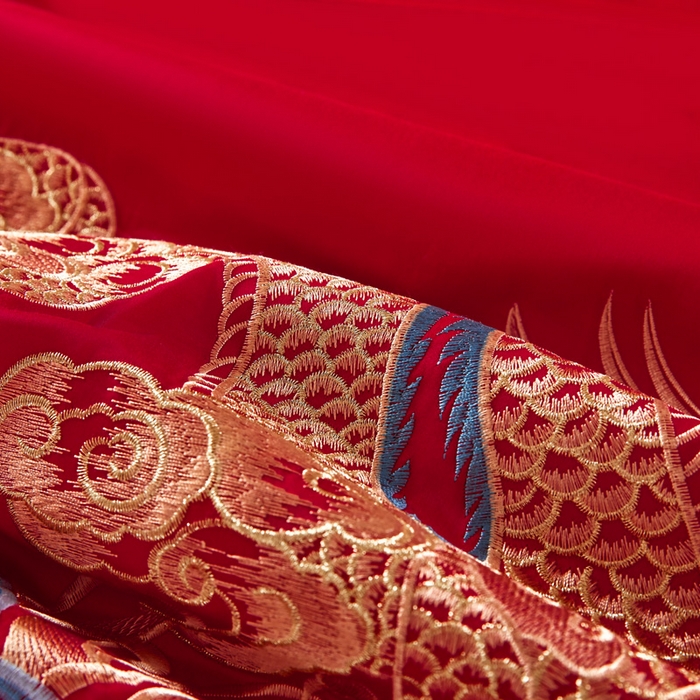 91家纺网 家纺一手货源 找家纺 润锦云 2026新款150克高克重中式婚庆款高支高密重工刺绣四件套 龙凤情缘--金色