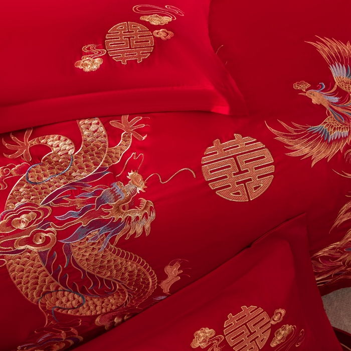 91家纺网 家纺一手货源 找家纺 润锦云 2026新款150克高克重中式婚庆款高支高密重工刺绣四件套 金龙玉凤-- 金